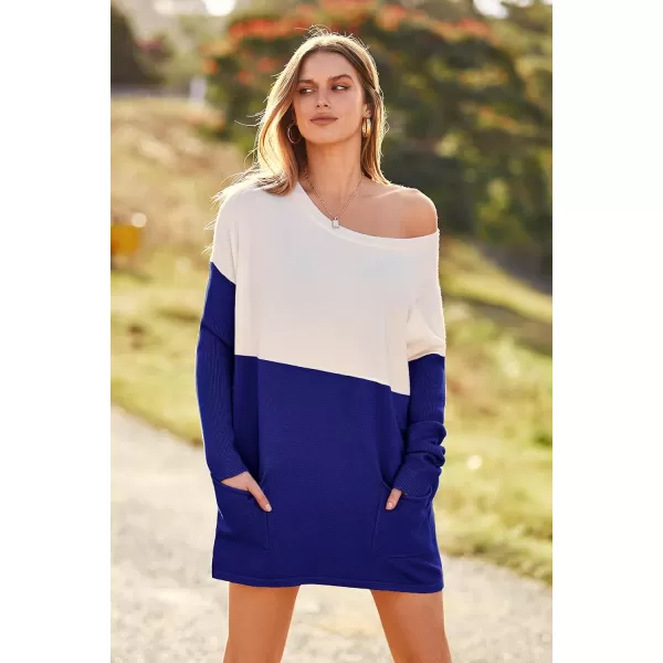 imagePRETTYGARDEN Womens Causal Loose Sweater Color Block Knit Pullover Off Shoulder Comfy Jumper TopsBrilliant Blue