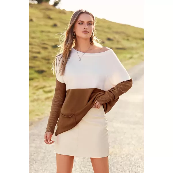 imagePRETTYGARDEN Womens Causal Loose Sweater Color Block Knit Pullover Off Shoulder Comfy Jumper TopsBrown Yellow