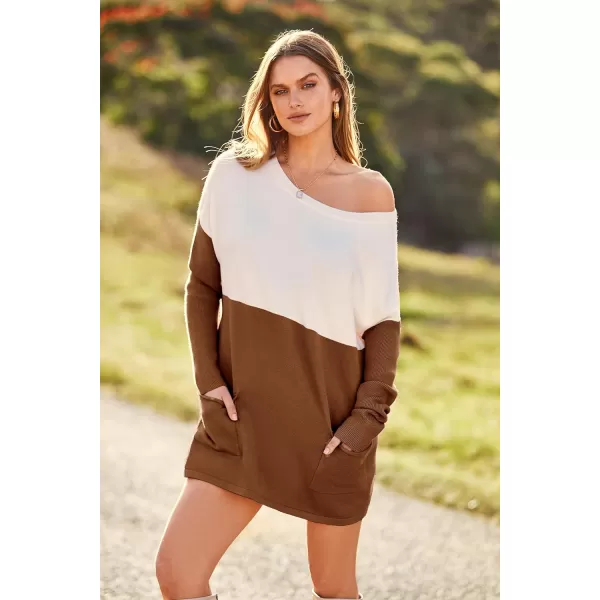 imagePRETTYGARDEN Womens Causal Loose Sweater Color Block Knit Pullover Off Shoulder Comfy Jumper TopsBrown Yellow