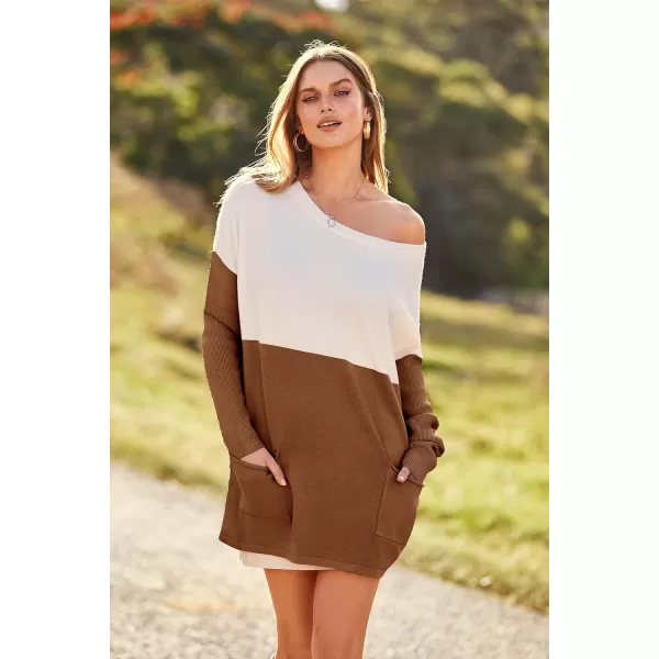 imagePRETTYGARDEN Womens Causal Loose Sweater Color Block Knit Pullover Off Shoulder Comfy Jumper TopsBrown Yellow
