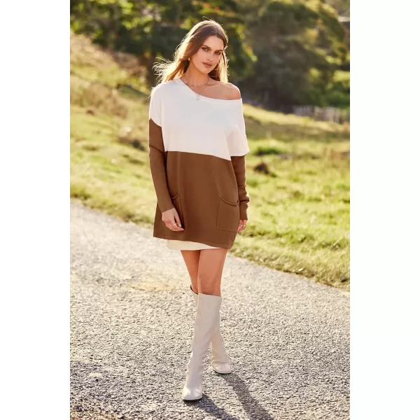imagePRETTYGARDEN Womens Causal Loose Sweater Color Block Knit Pullover Off Shoulder Comfy Jumper TopsBrown Yellow