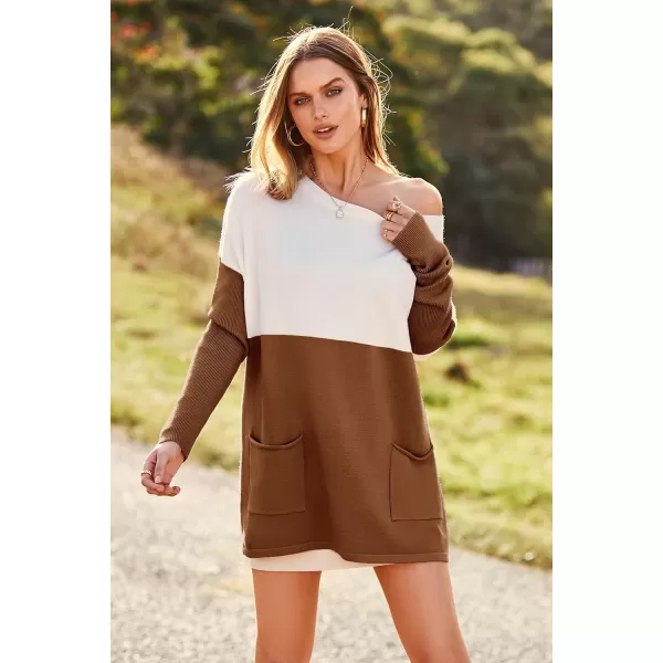 imagePRETTYGARDEN Womens Causal Loose Sweater Color Block Knit Pullover Off Shoulder Comfy Jumper TopsBrown Yellow