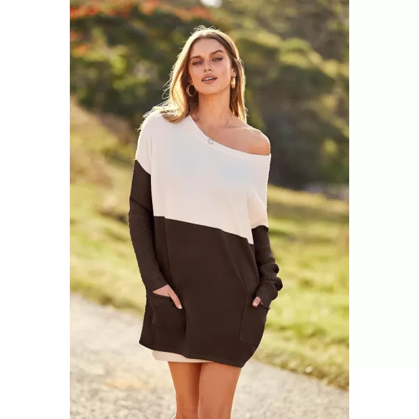 imagePRETTYGARDEN Womens Causal Loose Sweater Color Block Knit Pullover Off Shoulder Comfy Jumper TopsCoffee