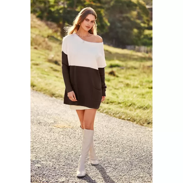 imagePRETTYGARDEN Womens Causal Loose Sweater Color Block Knit Pullover Off Shoulder Comfy Jumper TopsCoffee