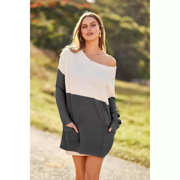 imagePRETTYGARDEN Womens Causal Loose Sweater Color Block Knit Pullover Off Shoulder Comfy Jumper TopsDark Grey
