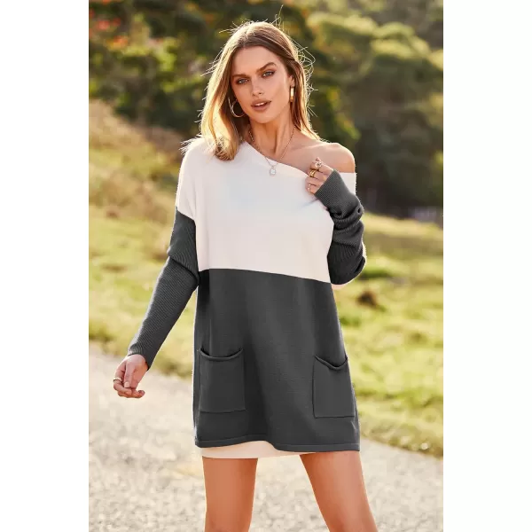 imagePRETTYGARDEN Womens Causal Loose Sweater Color Block Knit Pullover Off Shoulder Comfy Jumper TopsDark Grey