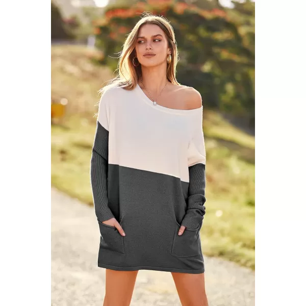 imagePRETTYGARDEN Womens Causal Loose Sweater Color Block Knit Pullover Off Shoulder Comfy Jumper TopsDark Grey