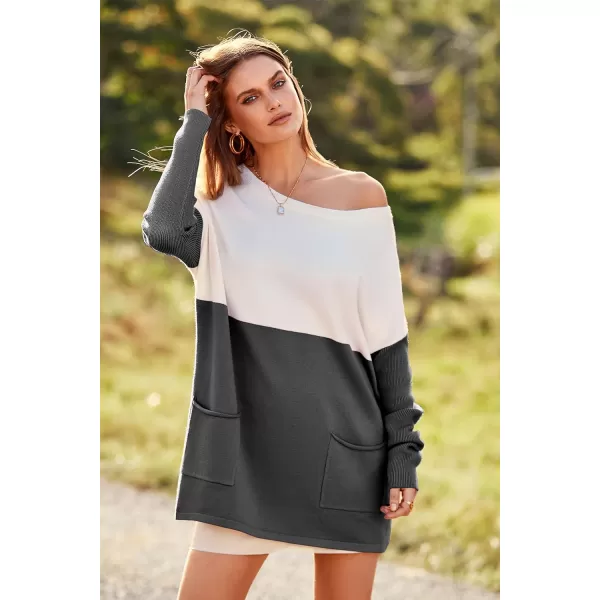 imagePRETTYGARDEN Womens Causal Loose Sweater Color Block Knit Pullover Off Shoulder Comfy Jumper TopsDark Grey