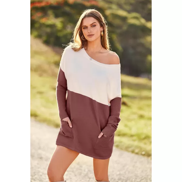 imagePRETTYGARDEN Womens Causal Loose Sweater Color Block Knit Pullover Off Shoulder Comfy Jumper TopsDusty Pink