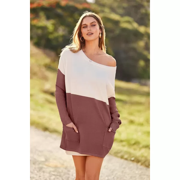 imagePRETTYGARDEN Womens Causal Loose Sweater Color Block Knit Pullover Off Shoulder Comfy Jumper TopsDusty Pink
