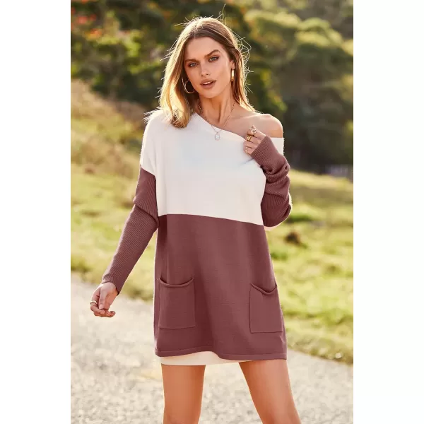 imagePRETTYGARDEN Womens Causal Loose Sweater Color Block Knit Pullover Off Shoulder Comfy Jumper TopsDusty Pink