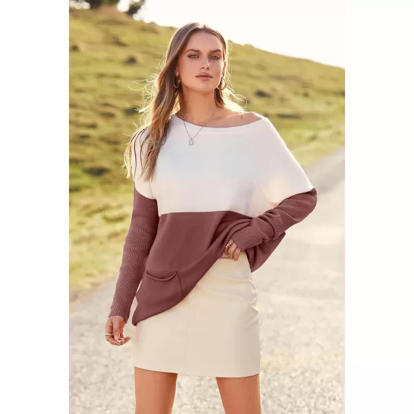 imagePRETTYGARDEN Womens Causal Loose Sweater Color Block Knit Pullover Off Shoulder Comfy Jumper TopsDusty Pink