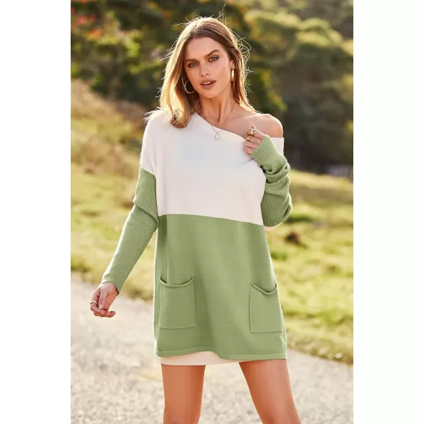 imagePRETTYGARDEN Womens Causal Loose Sweater Color Block Knit Pullover Off Shoulder Comfy Jumper TopsGreen