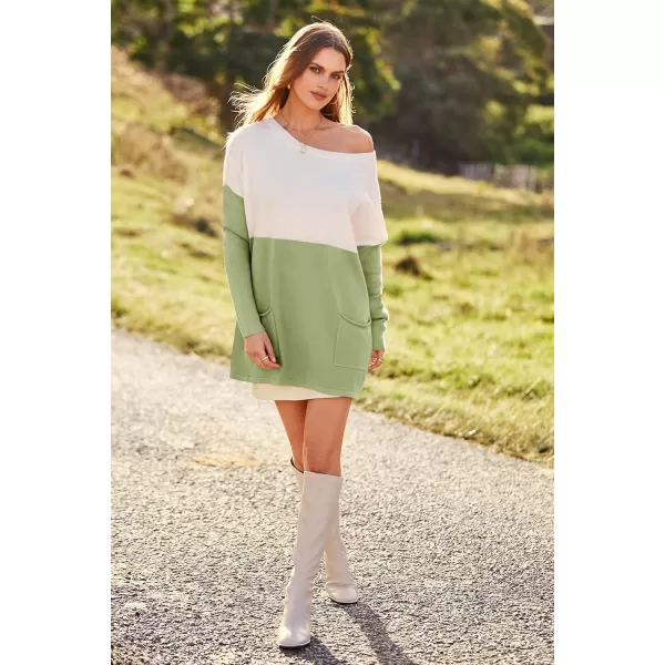 imagePRETTYGARDEN Womens Causal Loose Sweater Color Block Knit Pullover Off Shoulder Comfy Jumper TopsGreen