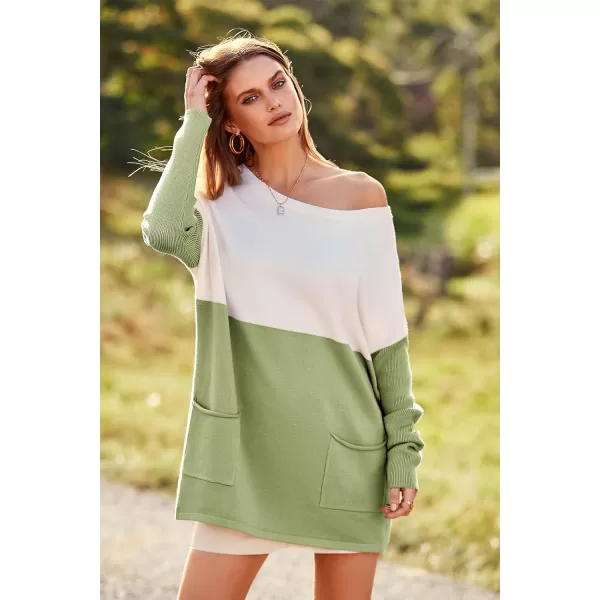 imagePRETTYGARDEN Womens Causal Loose Sweater Color Block Knit Pullover Off Shoulder Comfy Jumper TopsGreen