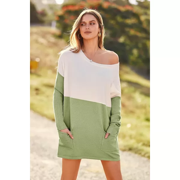 imagePRETTYGARDEN Womens Causal Loose Sweater Color Block Knit Pullover Off Shoulder Comfy Jumper TopsGreen