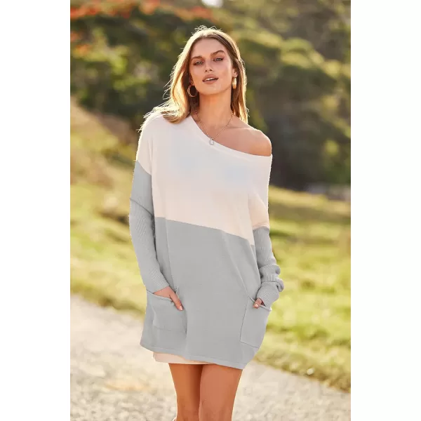 imagePRETTYGARDEN Womens Causal Loose Sweater Color Block Knit Pullover Off Shoulder Comfy Jumper TopsGrey