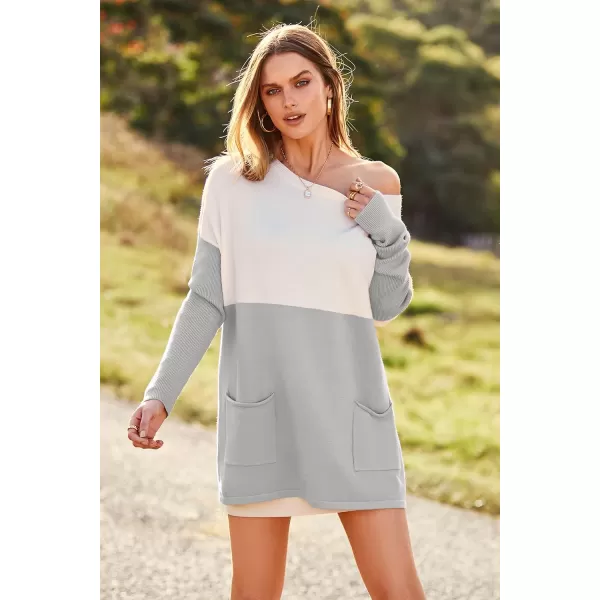 imagePRETTYGARDEN Womens Causal Loose Sweater Color Block Knit Pullover Off Shoulder Comfy Jumper TopsGrey