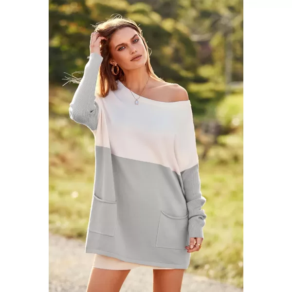 imagePRETTYGARDEN Womens Causal Loose Sweater Color Block Knit Pullover Off Shoulder Comfy Jumper TopsGrey