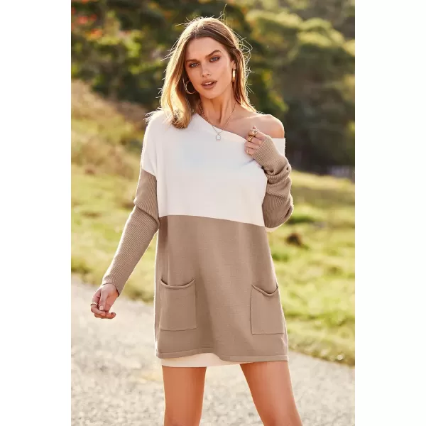 imagePRETTYGARDEN Womens Causal Loose Sweater Color Block Knit Pullover Off Shoulder Comfy Jumper TopsKhaki