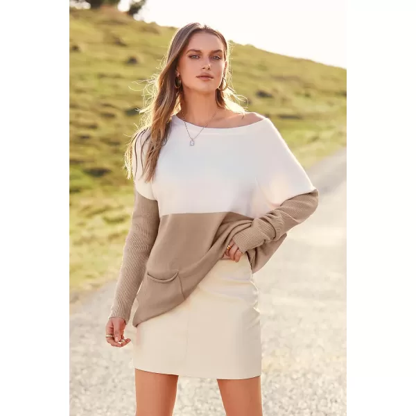 imagePRETTYGARDEN Womens Causal Loose Sweater Color Block Knit Pullover Off Shoulder Comfy Jumper TopsKhaki