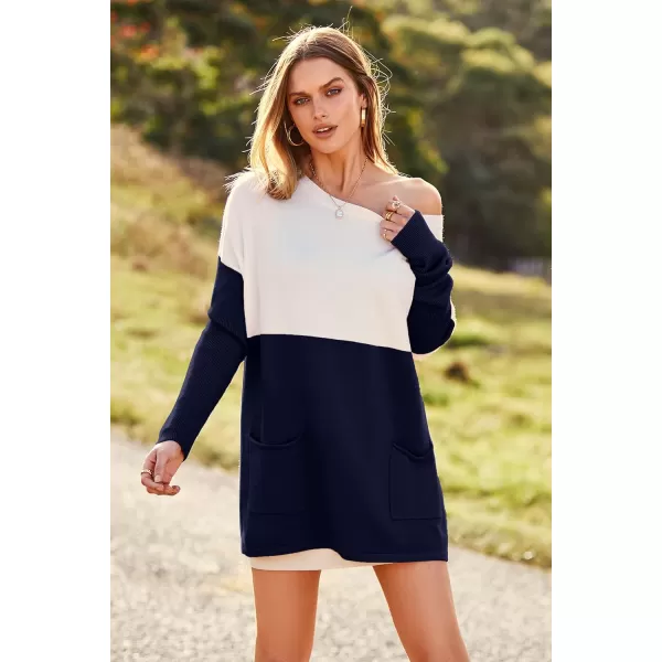imagePRETTYGARDEN Womens Causal Loose Sweater Color Block Knit Pullover Off Shoulder Comfy Jumper TopsNavy