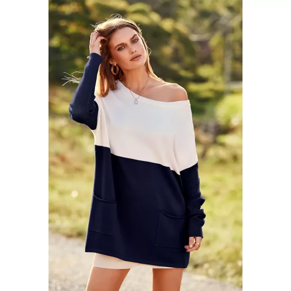 imagePRETTYGARDEN Womens Causal Loose Sweater Color Block Knit Pullover Off Shoulder Comfy Jumper TopsNavy