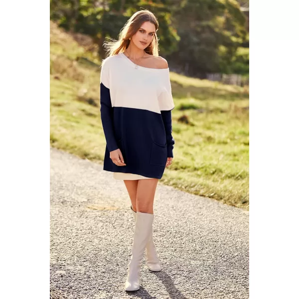 imagePRETTYGARDEN Womens Causal Loose Sweater Color Block Knit Pullover Off Shoulder Comfy Jumper TopsNavy