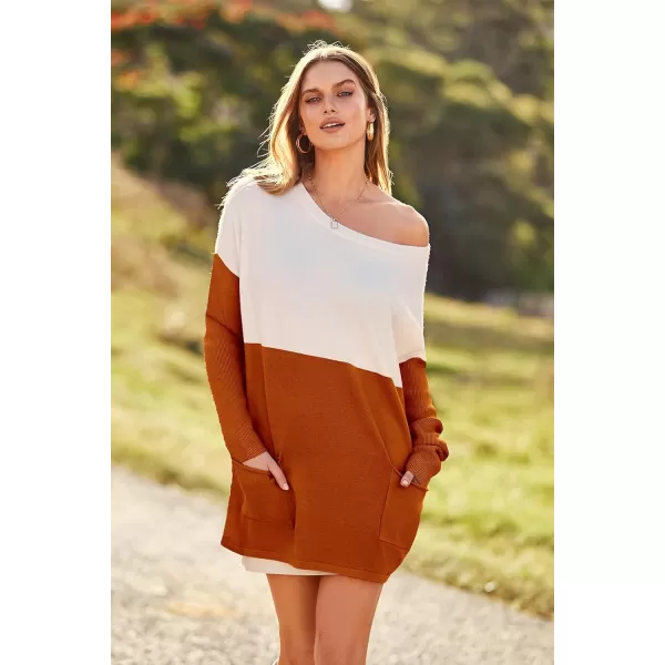 imagePRETTYGARDEN Womens Causal Loose Sweater Color Block Knit Pullover Off Shoulder Comfy Jumper TopsOrange