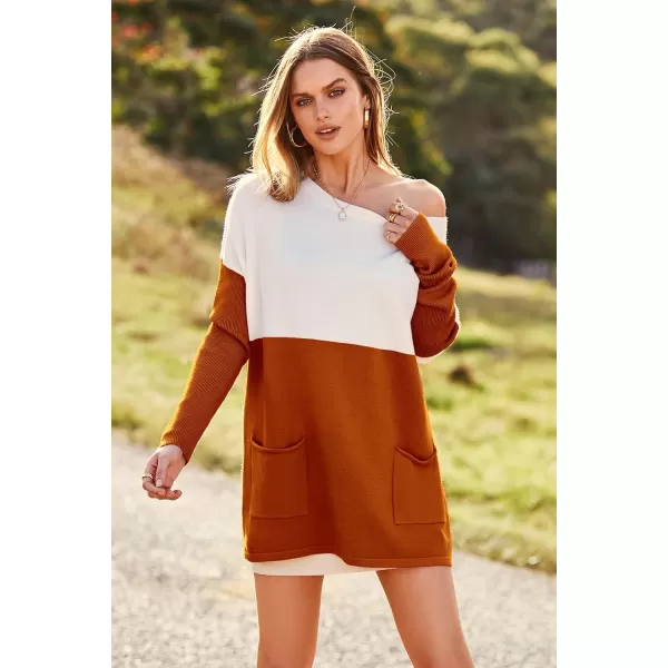 imagePRETTYGARDEN Womens Causal Loose Sweater Color Block Knit Pullover Off Shoulder Comfy Jumper TopsOrange