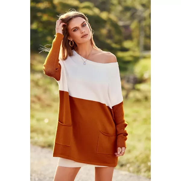 imagePRETTYGARDEN Womens Causal Loose Sweater Color Block Knit Pullover Off Shoulder Comfy Jumper TopsOrange