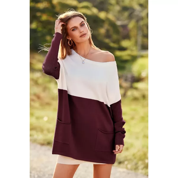 imagePRETTYGARDEN Womens Causal Loose Sweater Color Block Knit Pullover Off Shoulder Comfy Jumper TopsRed