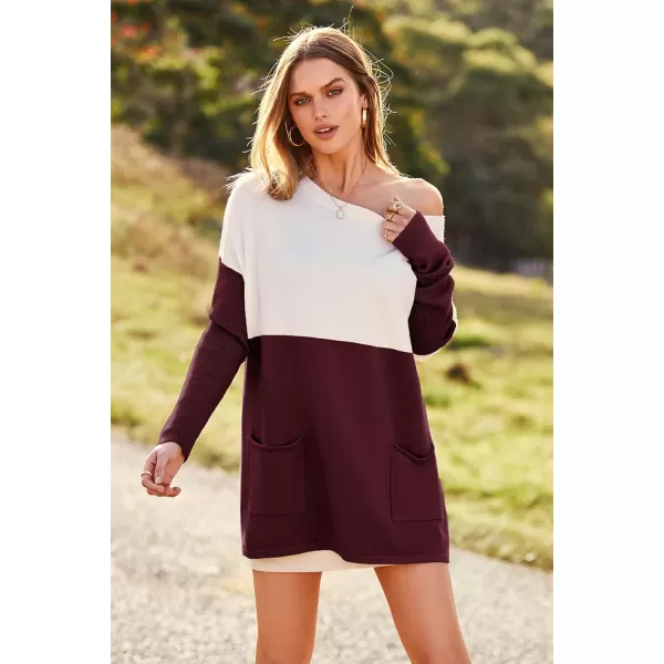 imagePRETTYGARDEN Womens Causal Loose Sweater Color Block Knit Pullover Off Shoulder Comfy Jumper TopsRed