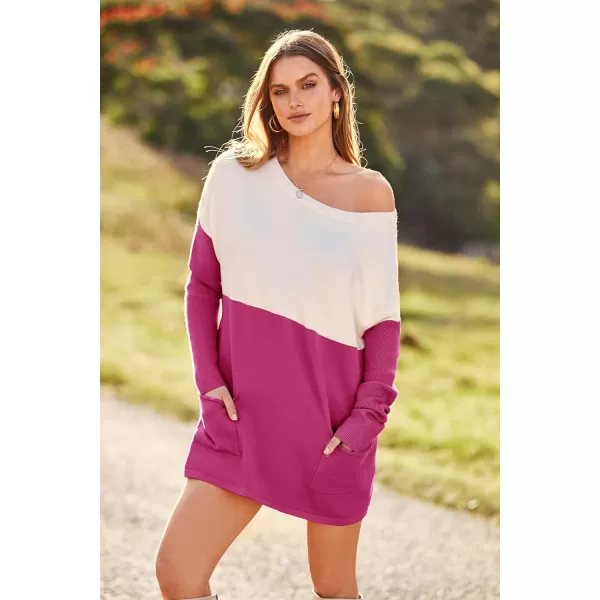 imagePRETTYGARDEN Womens Causal Loose Sweater Color Block Knit Pullover Off Shoulder Comfy Jumper TopsRose Red
