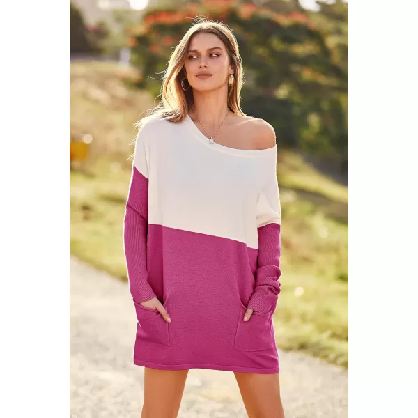 imagePRETTYGARDEN Womens Causal Loose Sweater Color Block Knit Pullover Off Shoulder Comfy Jumper TopsRose Red
