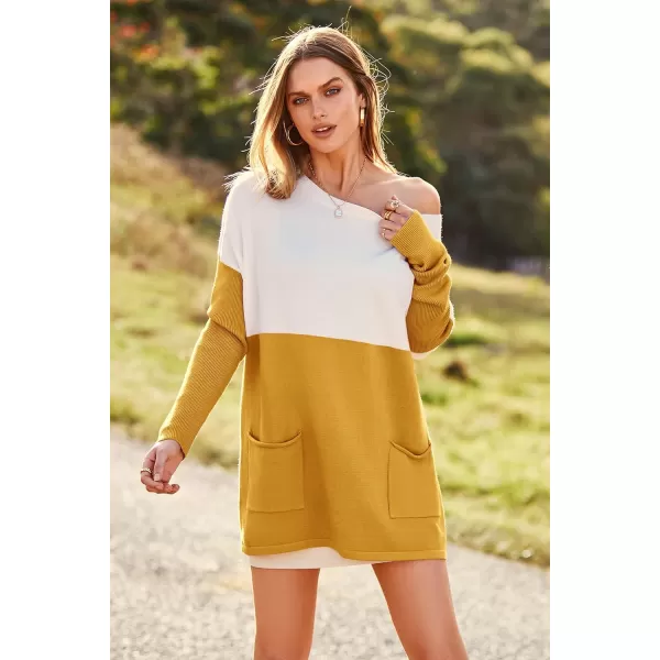 imagePRETTYGARDEN Womens Causal Loose Sweater Color Block Knit Pullover Off Shoulder Comfy Jumper TopsYellow