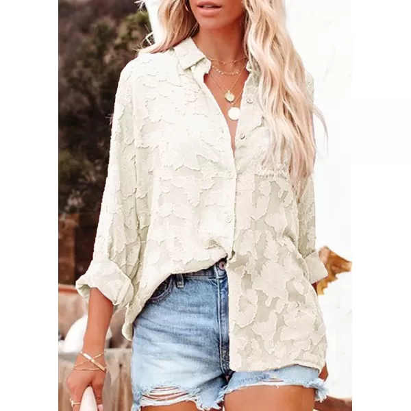 imagePRETTYGARDEN Womens Chiffon Blouse Solid Color Long Sleeve Button Down Elegant Jacquard Shirts TopsApricot