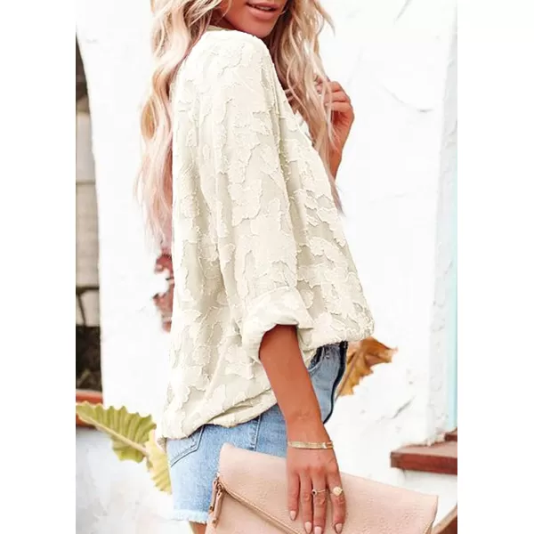 imagePRETTYGARDEN Womens Chiffon Blouse Solid Color Long Sleeve Button Down Elegant Jacquard Shirts TopsApricot