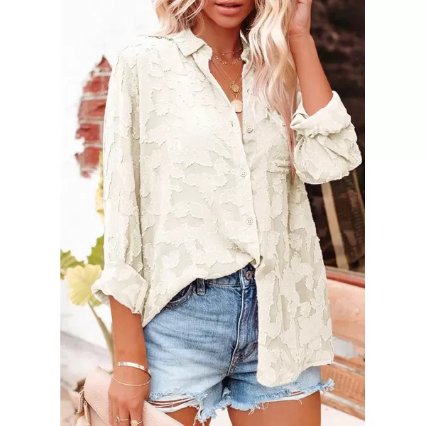 imagePRETTYGARDEN Womens Chiffon Blouse Solid Color Long Sleeve Button Down Elegant Jacquard Shirts TopsApricot