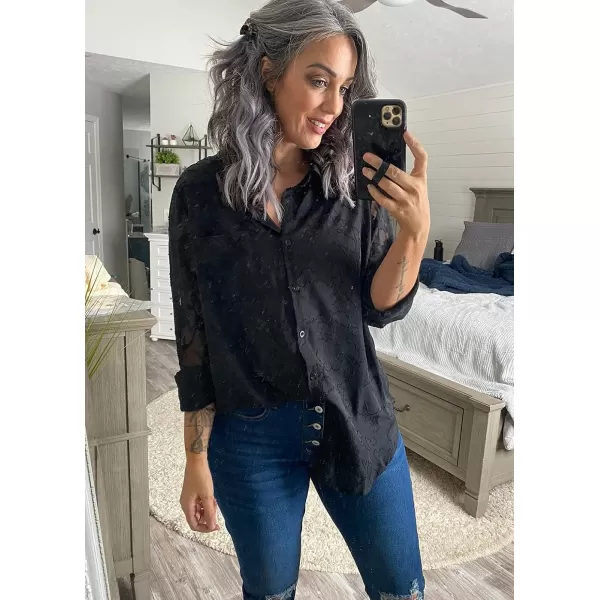 imagePRETTYGARDEN Womens Chiffon Blouse Solid Color Long Sleeve Button Down Elegant Jacquard Shirts TopsBlack