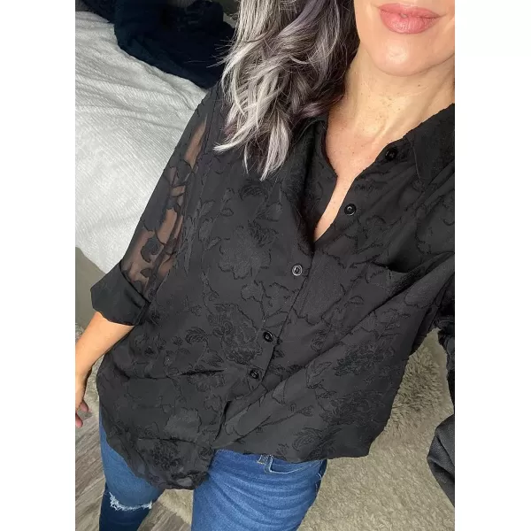 imagePRETTYGARDEN Womens Chiffon Blouse Solid Color Long Sleeve Button Down Elegant Jacquard Shirts TopsBlack