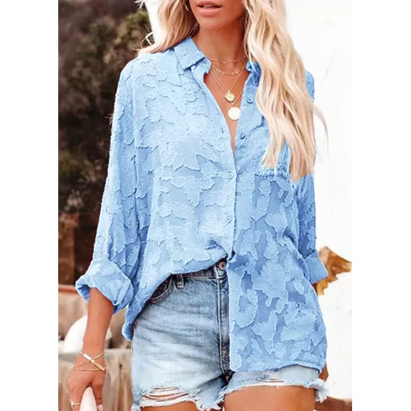 imagePRETTYGARDEN Womens Chiffon Blouse Solid Color Long Sleeve Button Down Elegant Jacquard Shirts TopsBlue