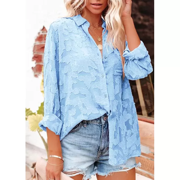 imagePRETTYGARDEN Womens Chiffon Blouse Solid Color Long Sleeve Button Down Elegant Jacquard Shirts TopsBlue