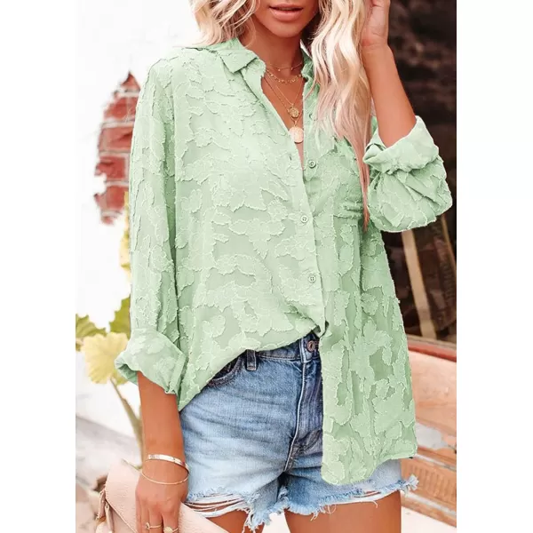 imagePRETTYGARDEN Womens Chiffon Blouse Solid Color Long Sleeve Button Down Elegant Jacquard Shirts TopsGreen