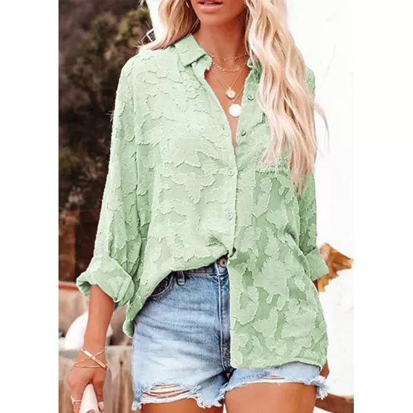 imagePRETTYGARDEN Womens Chiffon Blouse Solid Color Long Sleeve Button Down Elegant Jacquard Shirts TopsGreen