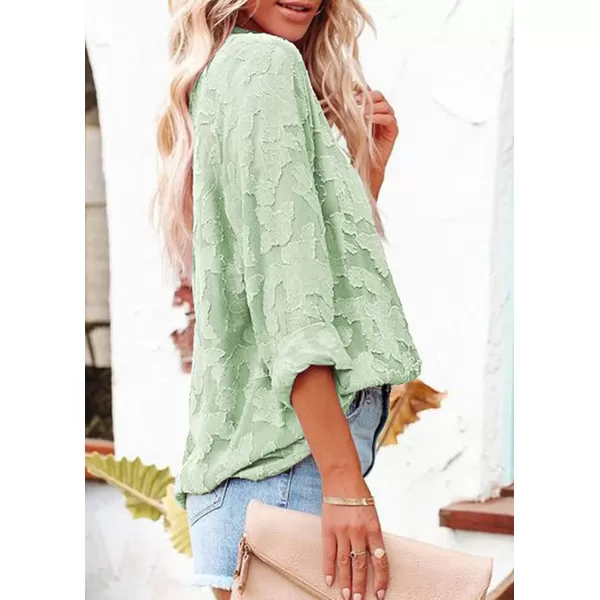 imagePRETTYGARDEN Womens Chiffon Blouse Solid Color Long Sleeve Button Down Elegant Jacquard Shirts TopsGreen