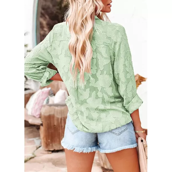 imagePRETTYGARDEN Womens Chiffon Blouse Solid Color Long Sleeve Button Down Elegant Jacquard Shirts TopsGreen