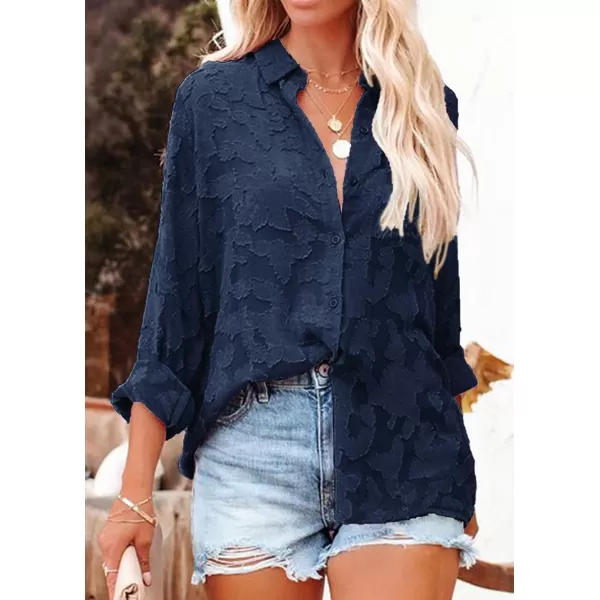 imagePRETTYGARDEN Womens Chiffon Blouse Solid Color Long Sleeve Button Down Elegant Jacquard Shirts TopsNavy