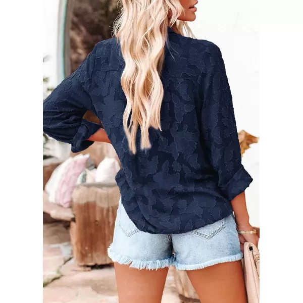 imagePRETTYGARDEN Womens Chiffon Blouse Solid Color Long Sleeve Button Down Elegant Jacquard Shirts TopsNavy