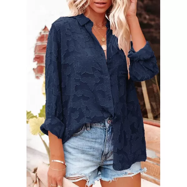 imagePRETTYGARDEN Womens Chiffon Blouse Solid Color Long Sleeve Button Down Elegant Jacquard Shirts TopsNavy